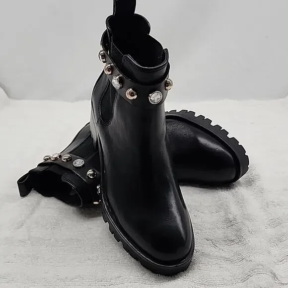 🐉KARL LAGERFELD🐉PORSHAY🐉PARIS BLACK LEATHER CHUNKY LUG SOLE LADIES 6.5 NWOB
